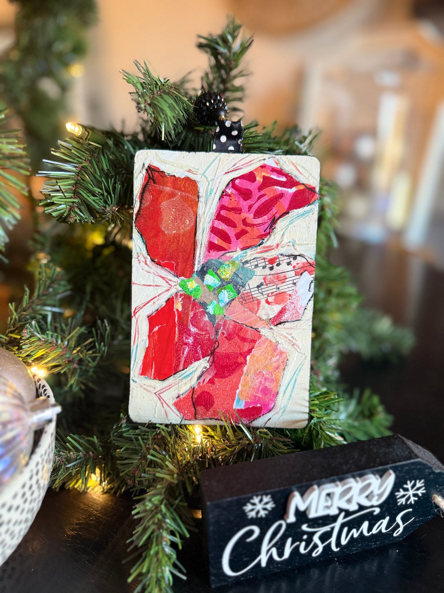 Handcrafted Mixed Media Poinsettia Ornament – Collage Art on Wood