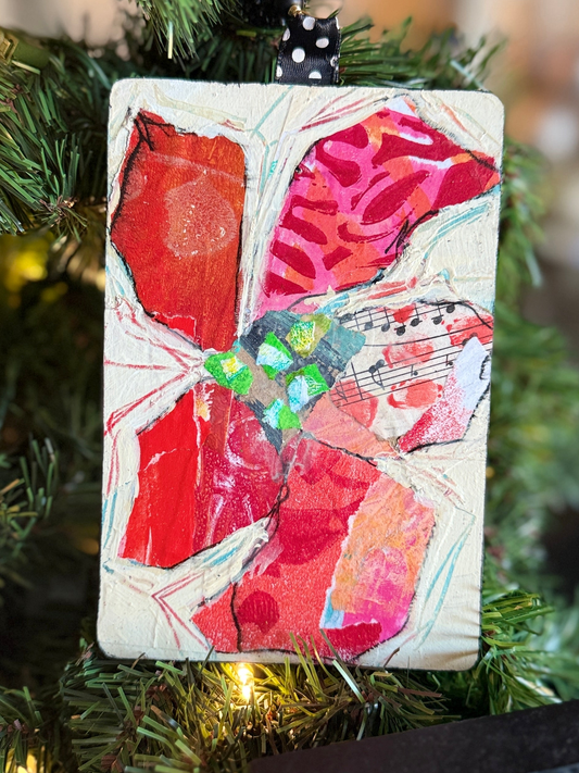 Handcrafted Mixed Media Poinsettia Ornament – Collage Art on Wood