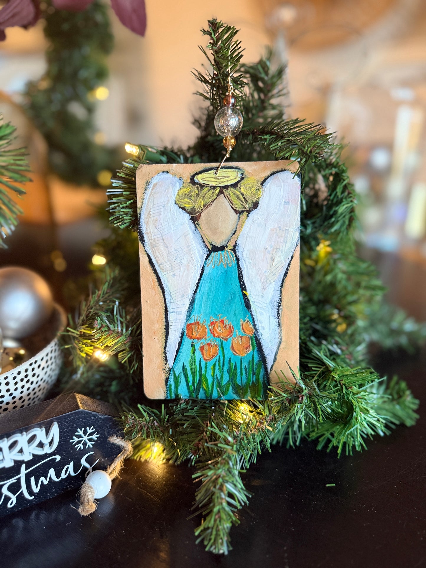 Tulips Angel Ornament – Hand-Painted Mixed Media Floral Angel