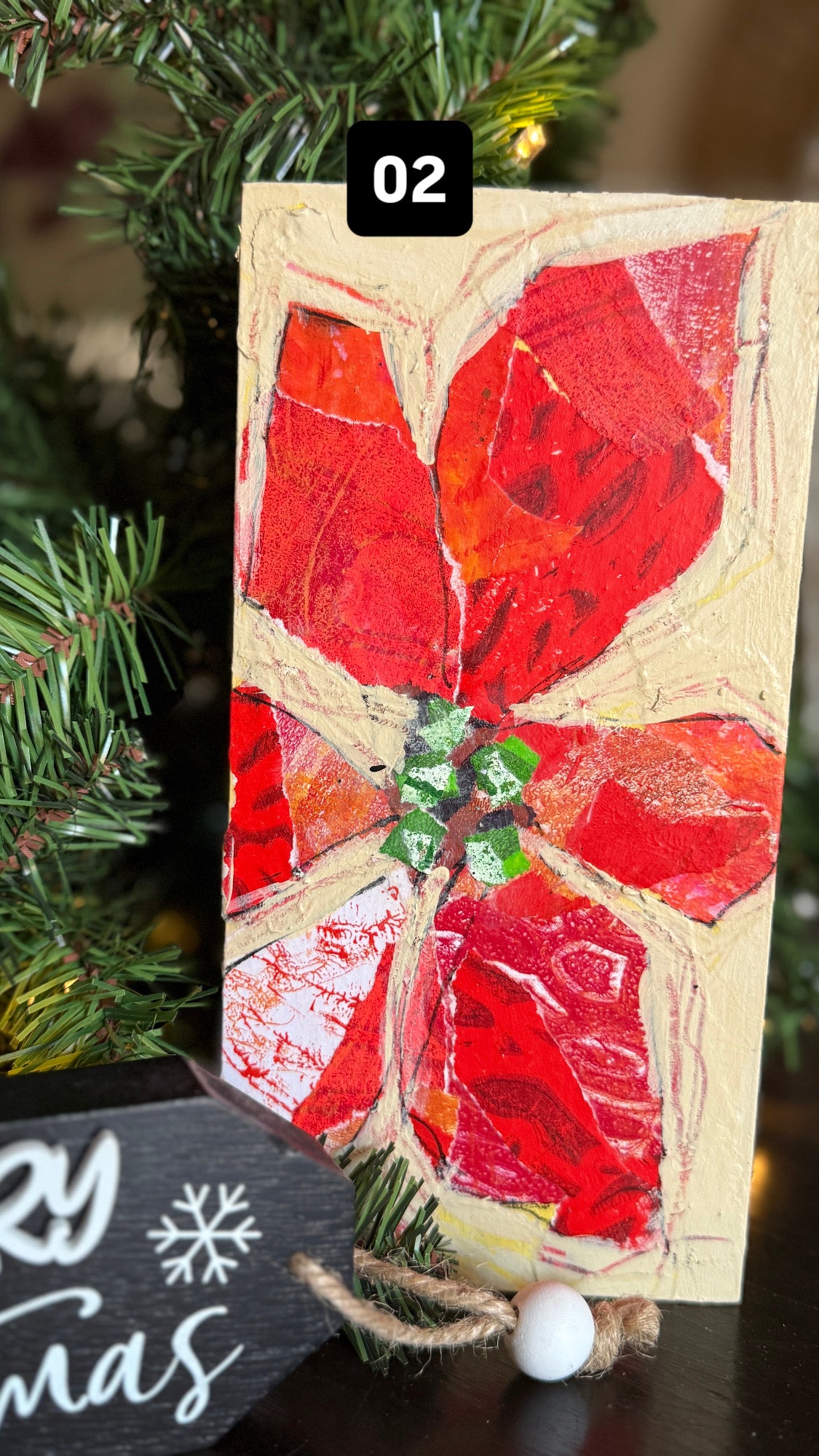 Mixed Media Poinsettia – 4x8” Original Art on Wood Panel