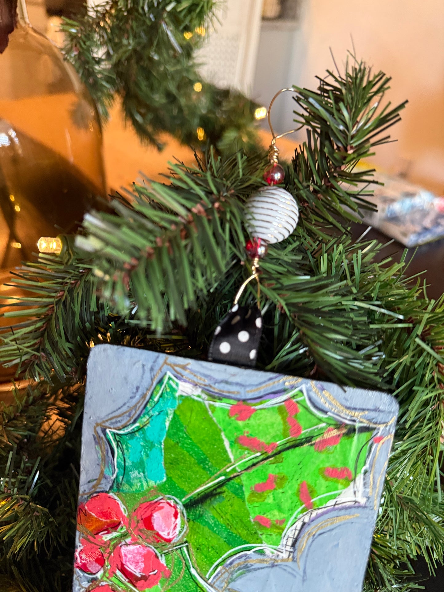 Handcrafted Mixed Media Holly Ornament- Collage Art on Wood