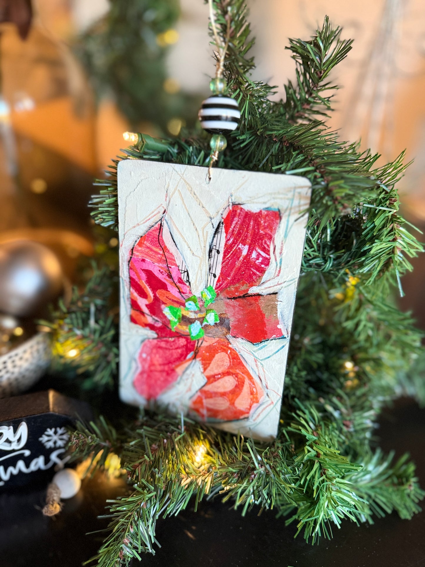 Handcrafted Mixed Media Poinsettia Ornament – Collage Art on Wood