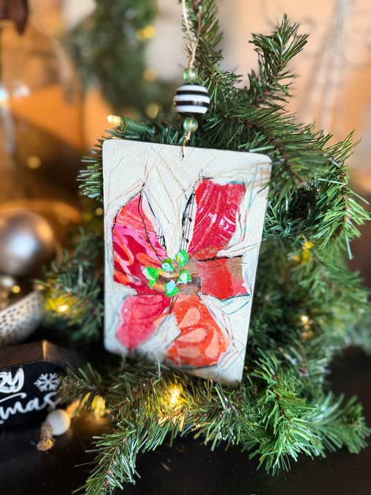 Handcrafted Mixed Media Poinsettia Ornament – Collage Art on Wood