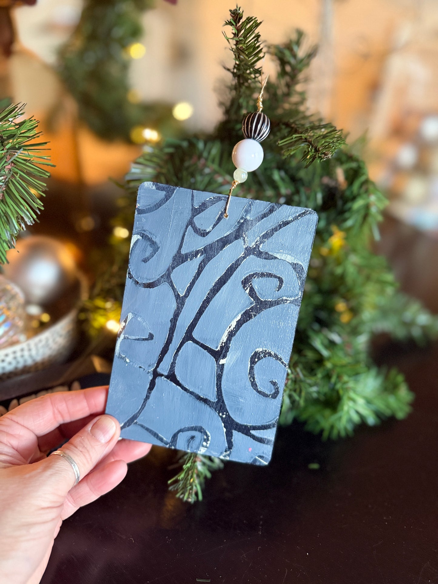 Handcrafted Mixed Media Holly Ornament- Collage Art on Wood