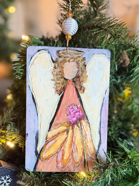 Spring Angel Ornament – Hand-Painted Mixed Media Floral Angel
