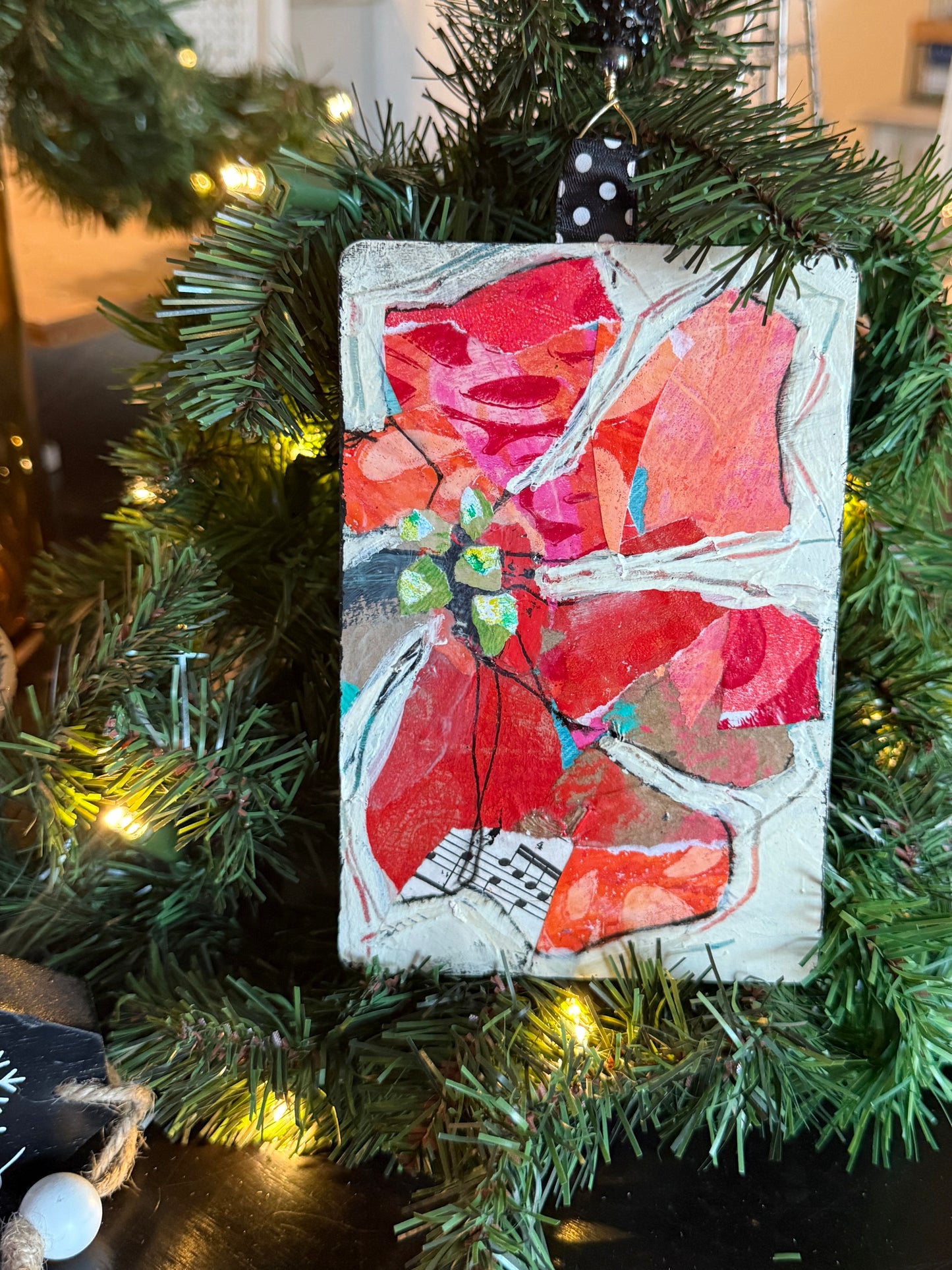 Handcrafted Mixed Media Poinsettia Ornament – Collage Art on Wood
