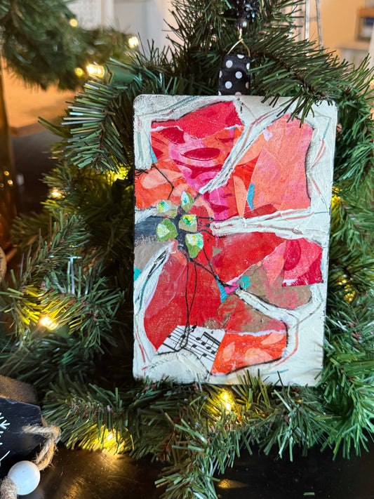 Handcrafted Mixed Media Poinsettia Ornament – Collage Art on Wood