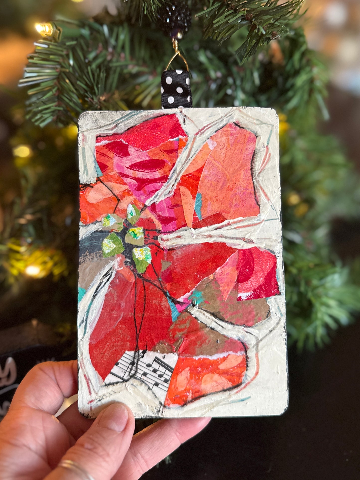 Handcrafted Mixed Media Poinsettia Ornament – Collage Art on Wood