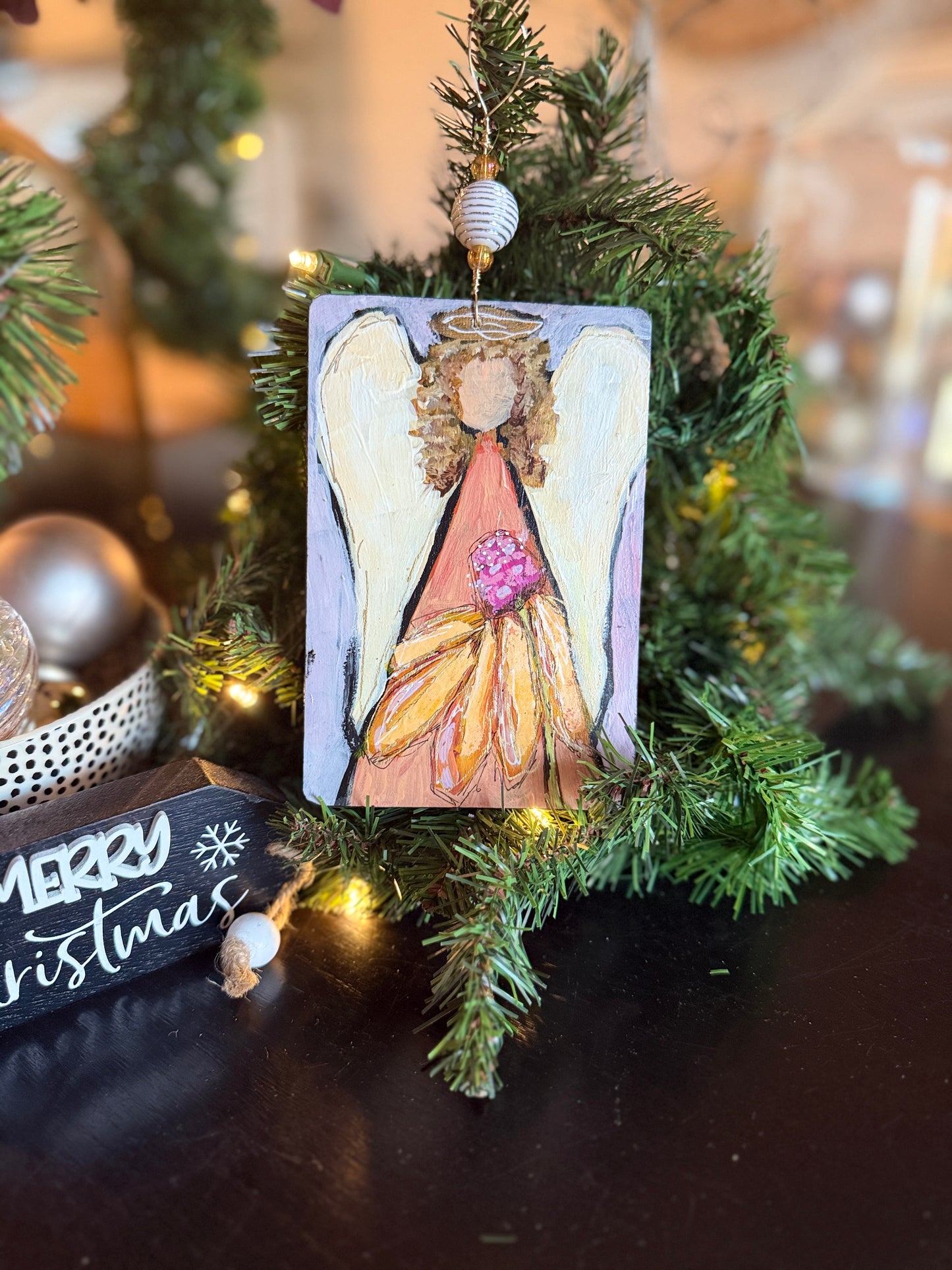 Spring Angel Ornament – Hand-Painted Mixed Media Floral Angel