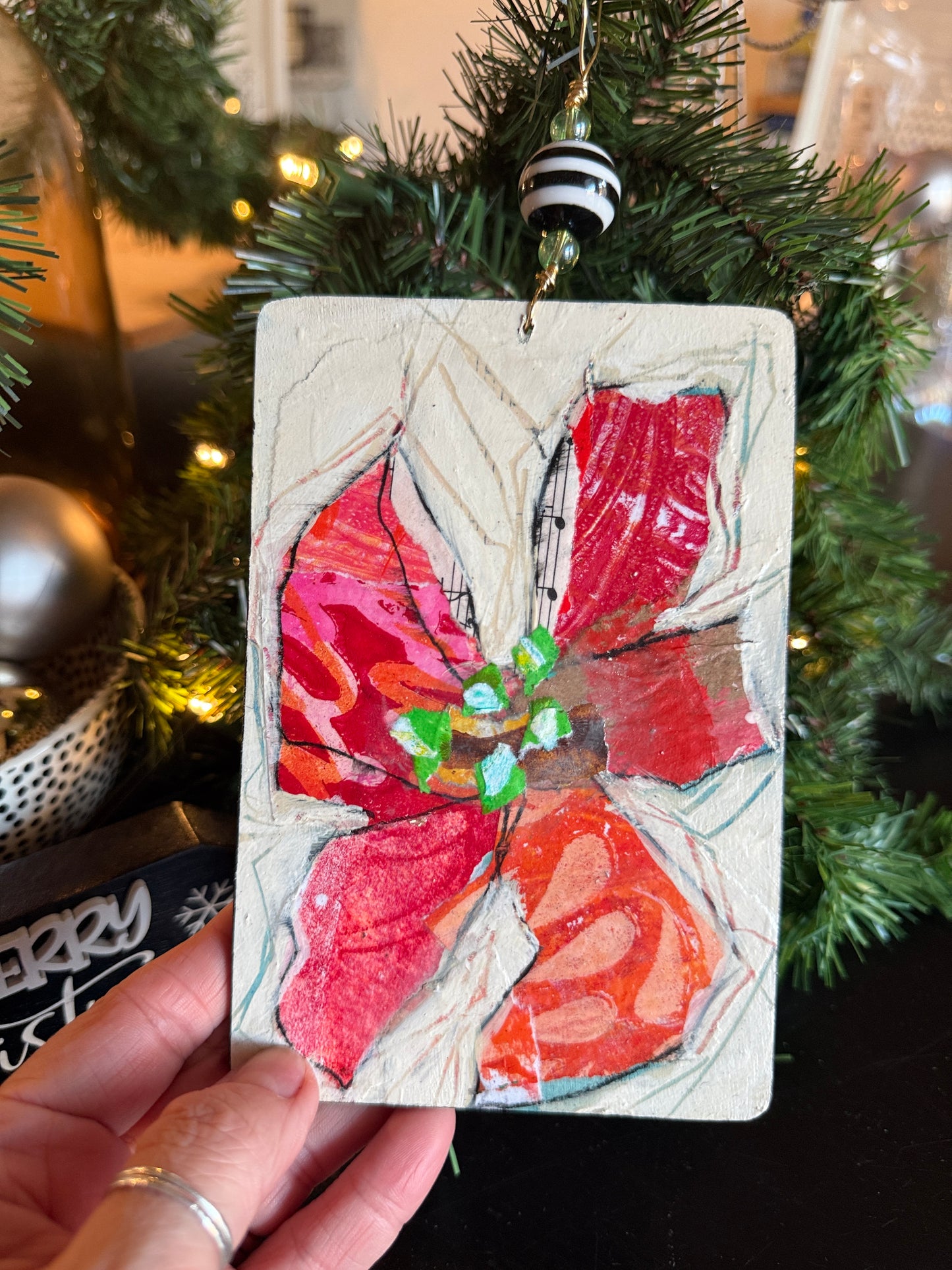 Handcrafted Mixed Media Poinsettia Ornament – Collage Art on Wood