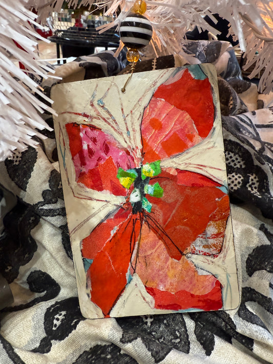 Handmade Poinsettia Christmas Ornament – Mixed Media Collage Floral Art
