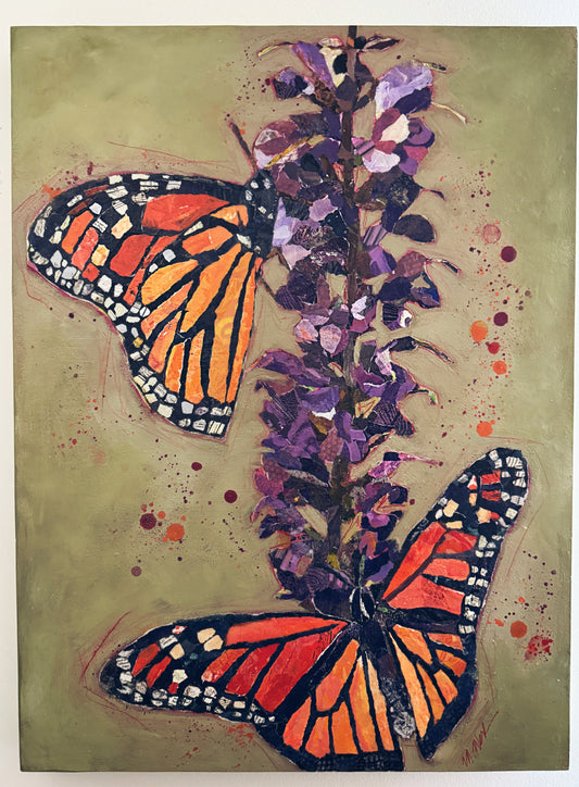 Mixed media collage of two monarch butterflies against a vibrant purple and orange textured background with expressive splatter details.